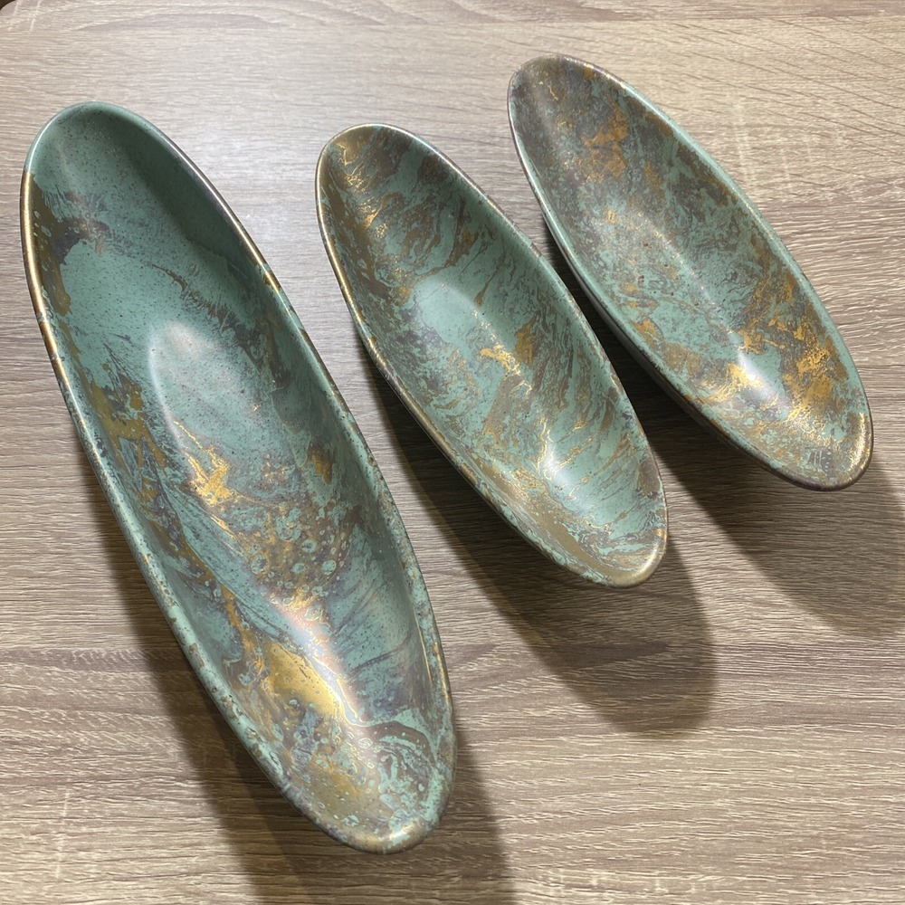 MCM Long Ceramic Bowls Green With Metallic Swirls Lot Of 3 Oval Shape